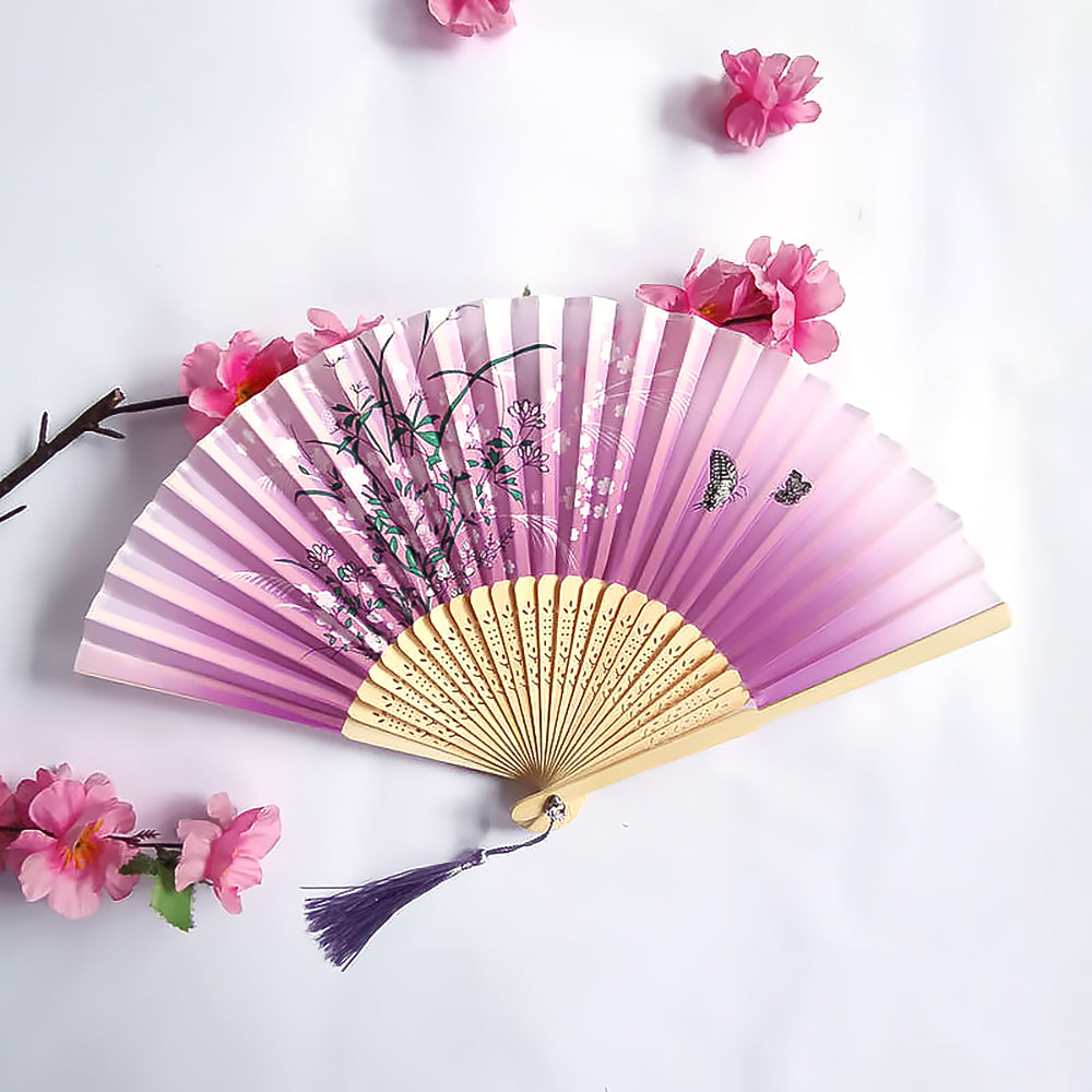 Floral Patterns with Tassel Portable Bamboo Silk Folding Fan-8