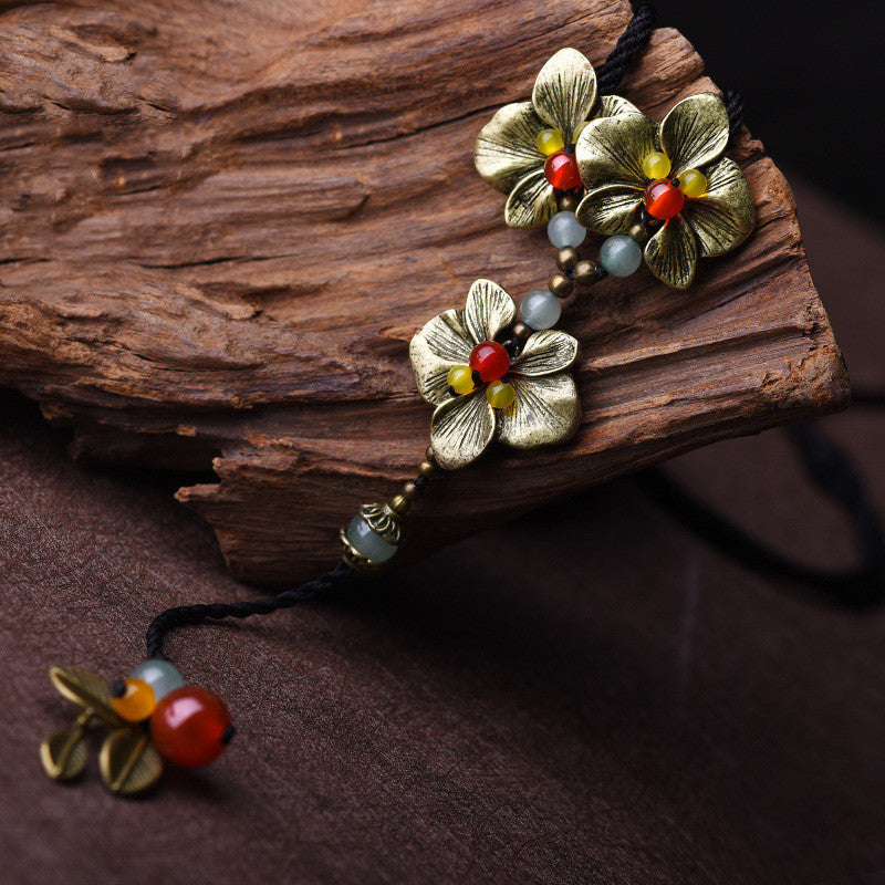 Langes Bronze -Achat -Halskette im ethnischen Stil