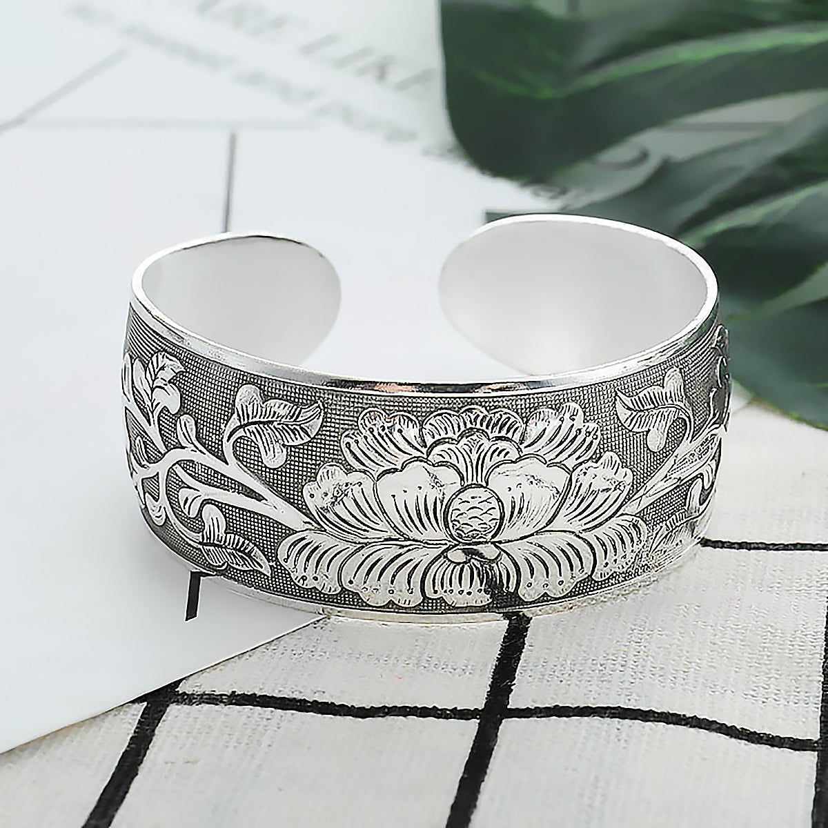 Peony Flower Silver Cuff Bracelet Floral Bracelet for Women Gift-5