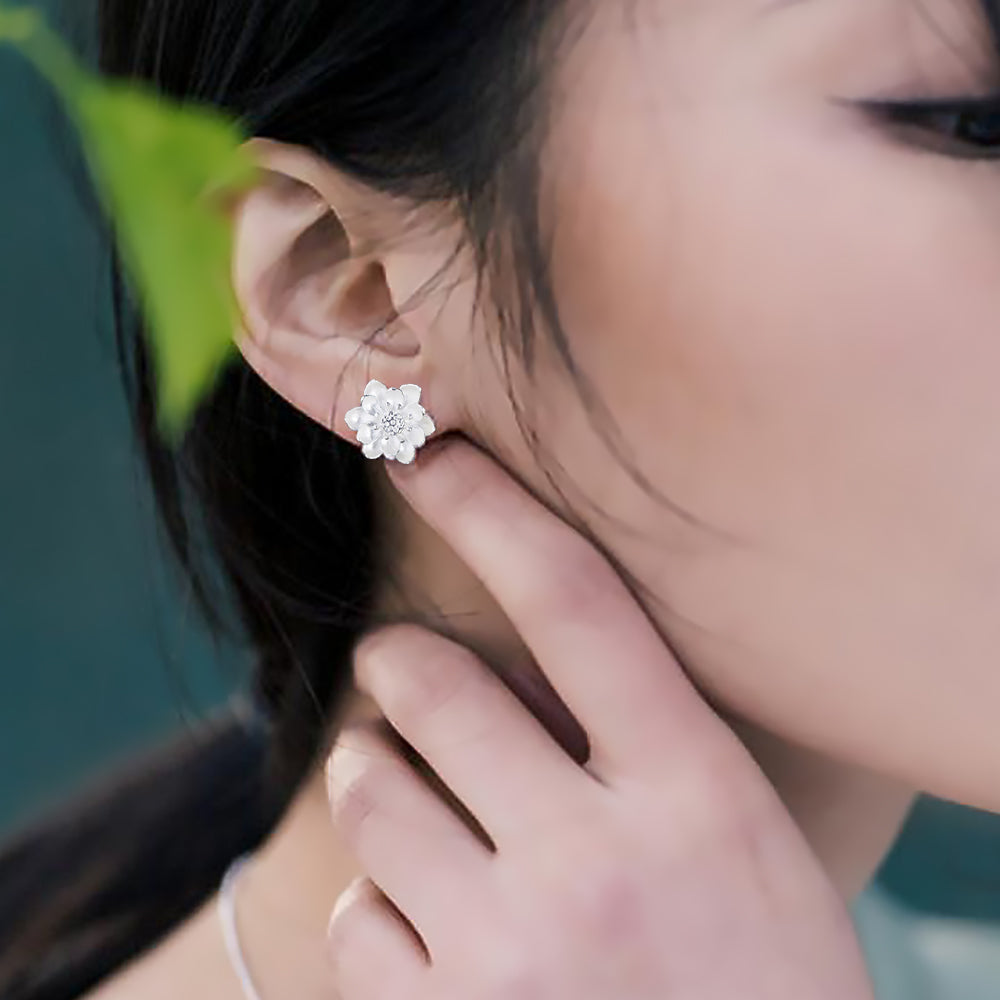 Sterling Silver Lotus Earrings Women’s Chinese Style Flower Jewelry-5