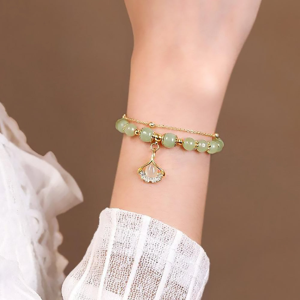 Double Layer Hetian Jade Bracelet with Apricot Leaf Design for Women-2
