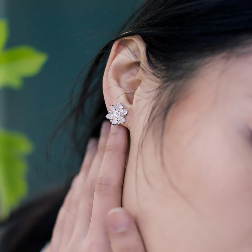 Sterling Silver Lotus Earrings Women’s Chinese Style Flower Jewelry-6