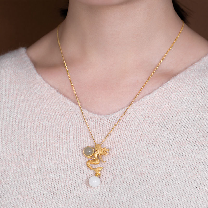 Sterling Silber Hetian Jade Vintage Court Meerjungfrau Lady Anhänger