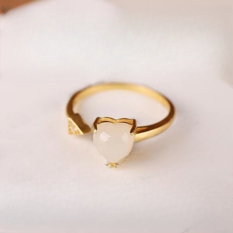Fresh Hetian Jade Heart-shaped Open Ring Female Minimalist Design White Jade