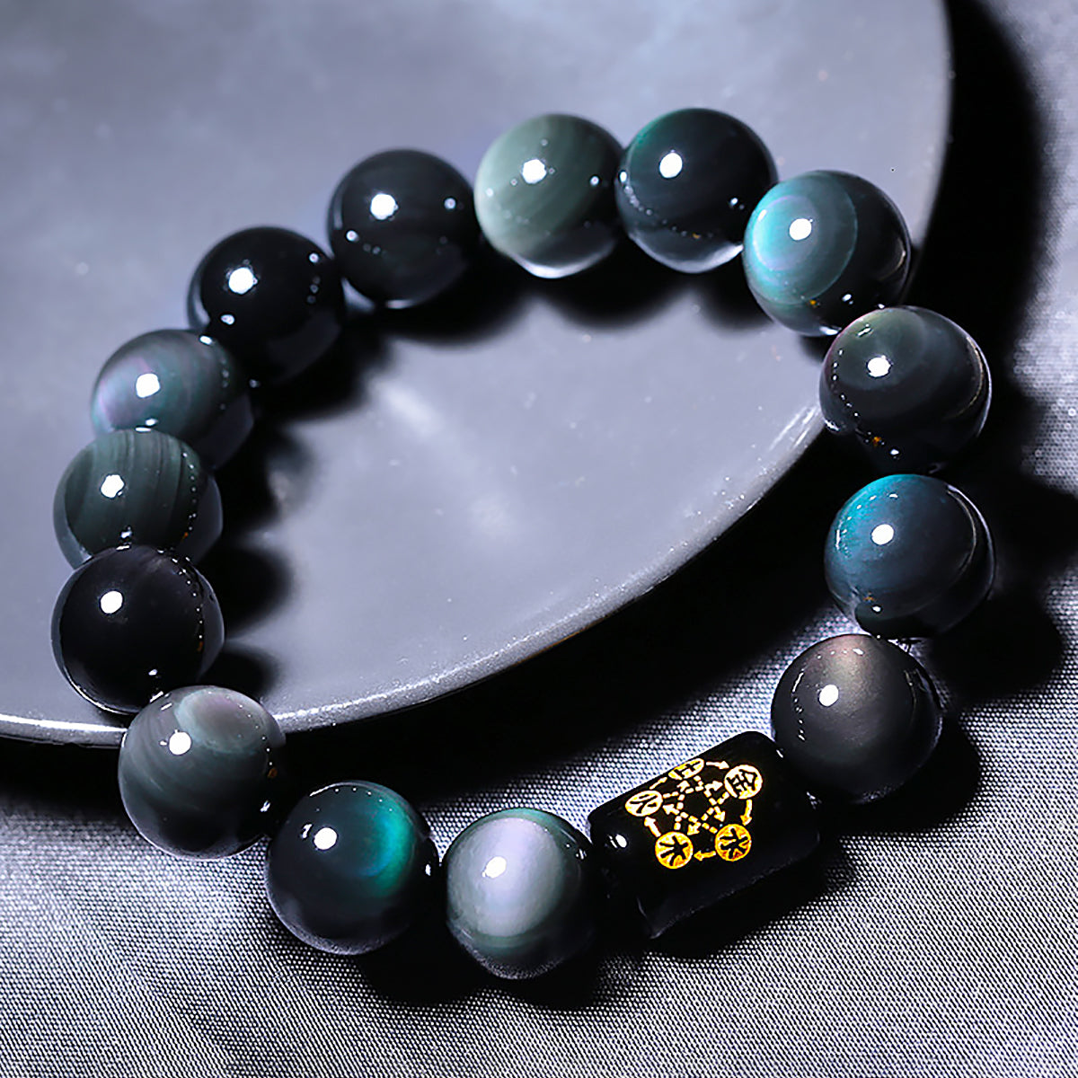 Rainbow Eye Obsidian Bracelet Natural Black Crystal Bead Bracelet-6