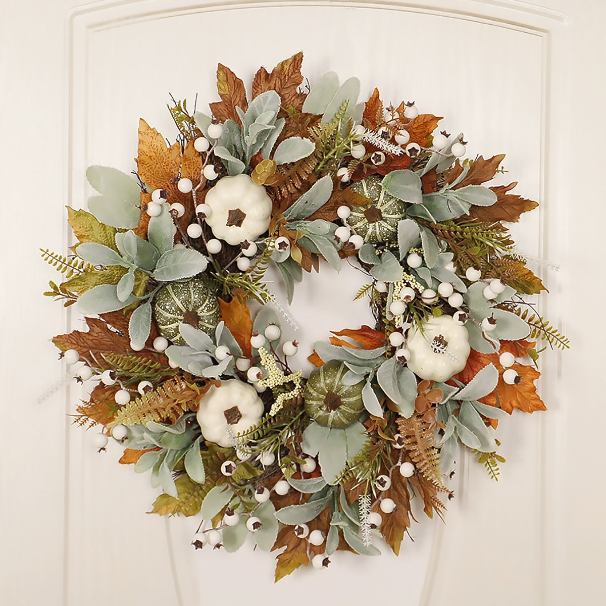 Thanksgiving White Pumpkin & Frost Leaf Wreath for Door or Wall Decor-2