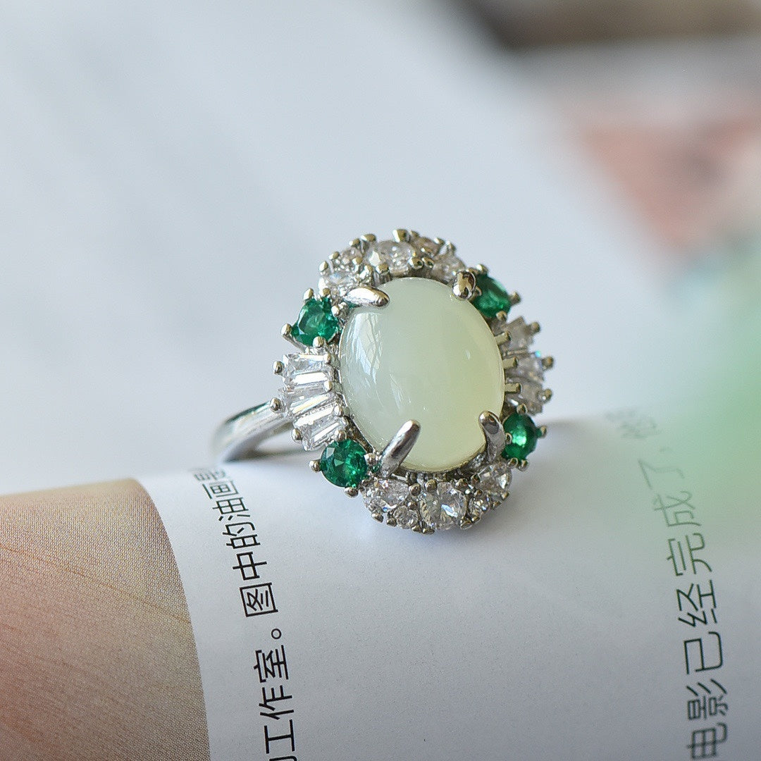 925 Silver White Jade Cabochon Ring Birthday Gift for Wife-3