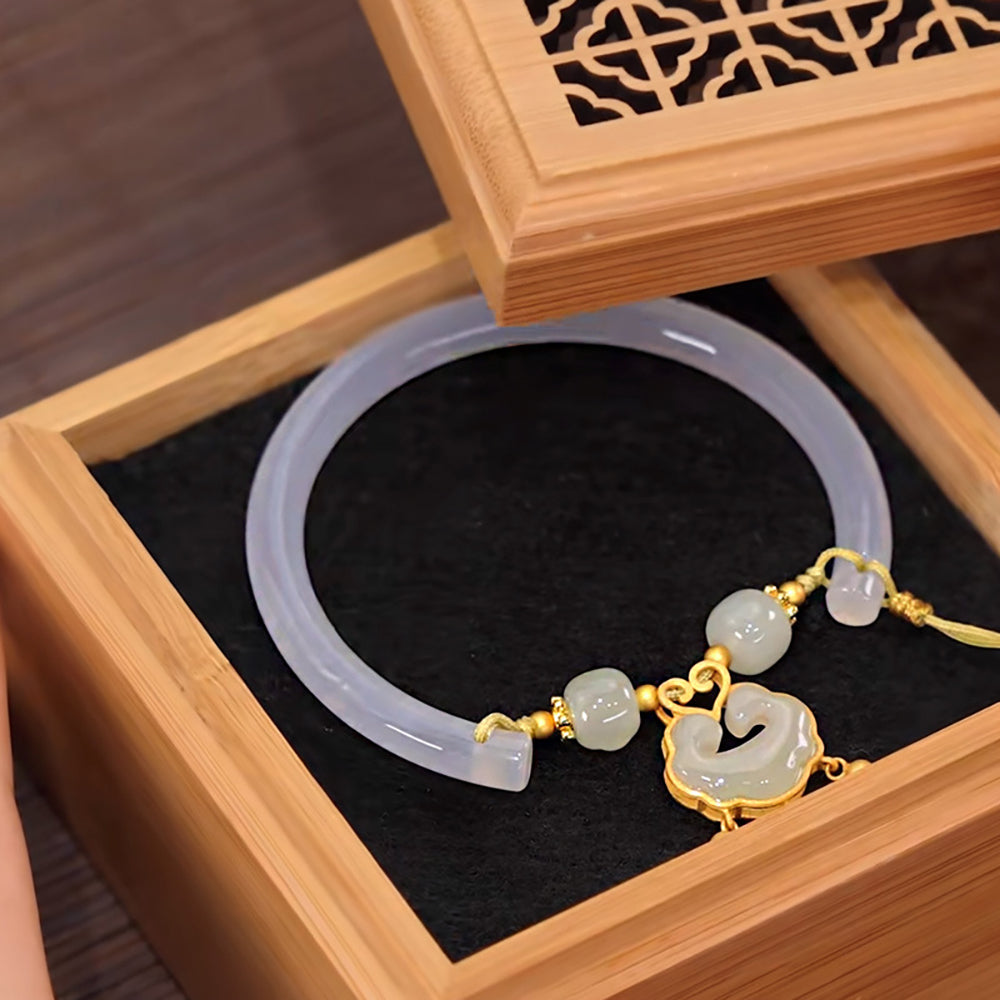 925 Sterling Silver Hetian Jade Longevity Lock Bracelet-4