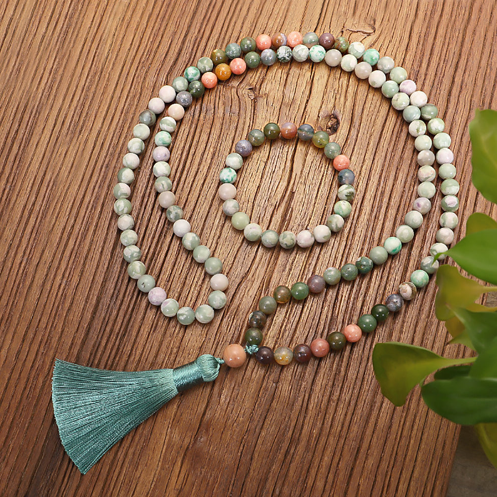 108 Beads Natural Stone Tassel Necklace Indian Agate Bracelet Mala Jewelry-2