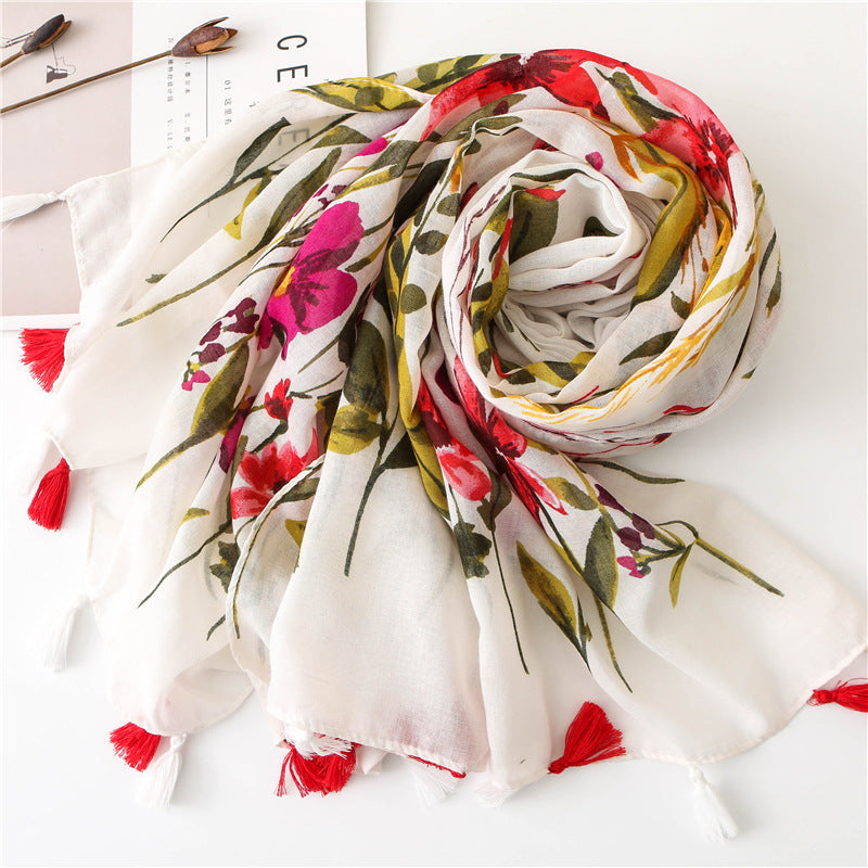 Ethnic Vintage Floral Cotton and Linen Fringe Scarf