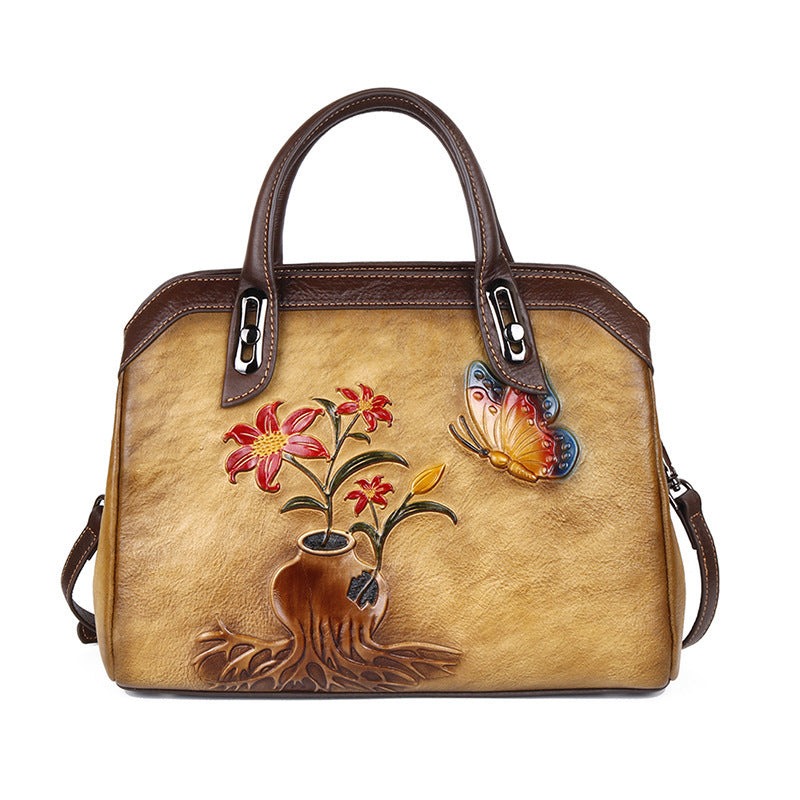 Chinese Style Vintage Flower Leather Handbag