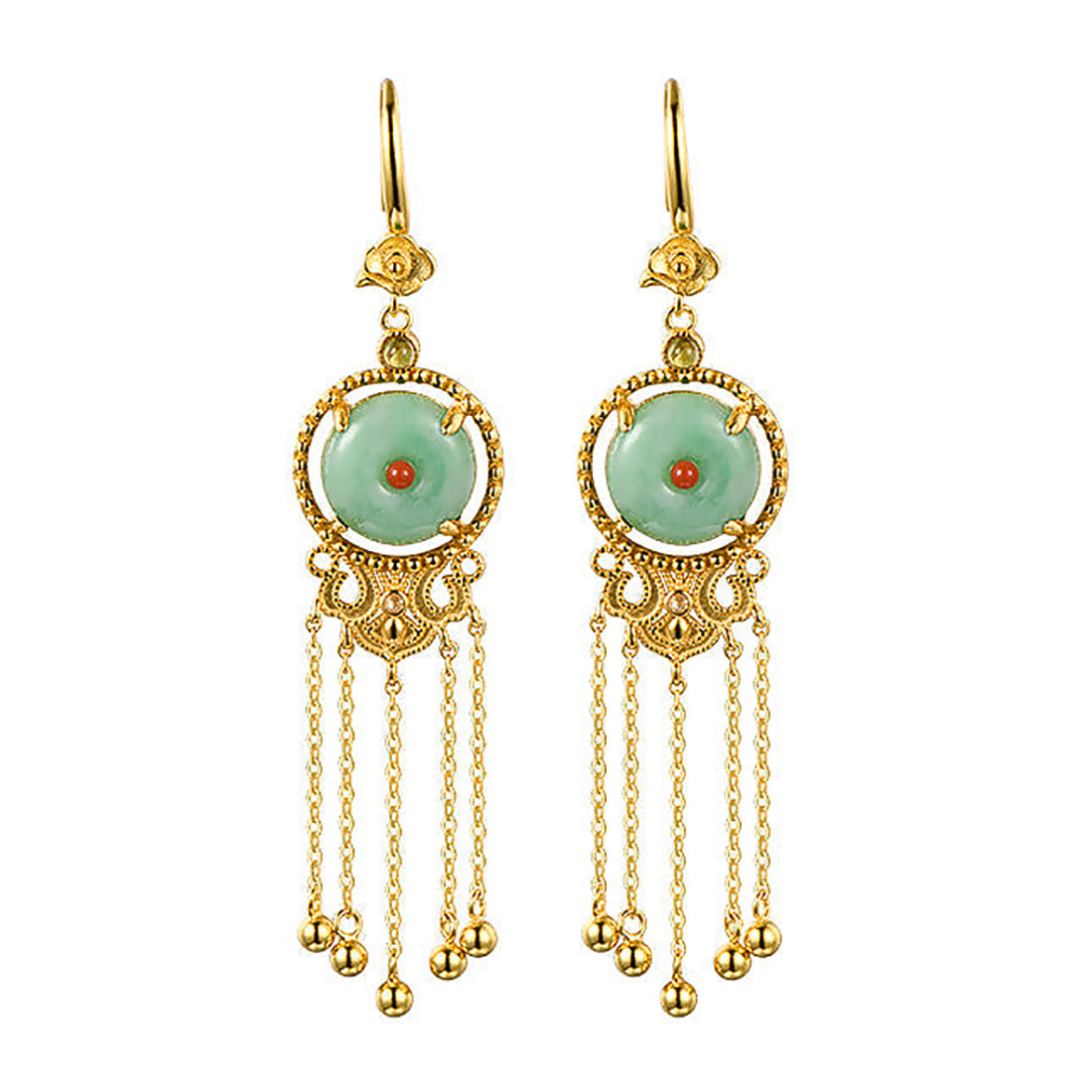 Ancient Style Long Tassel Hetian Jade Malachite Auspicious Cloud Earrings-8