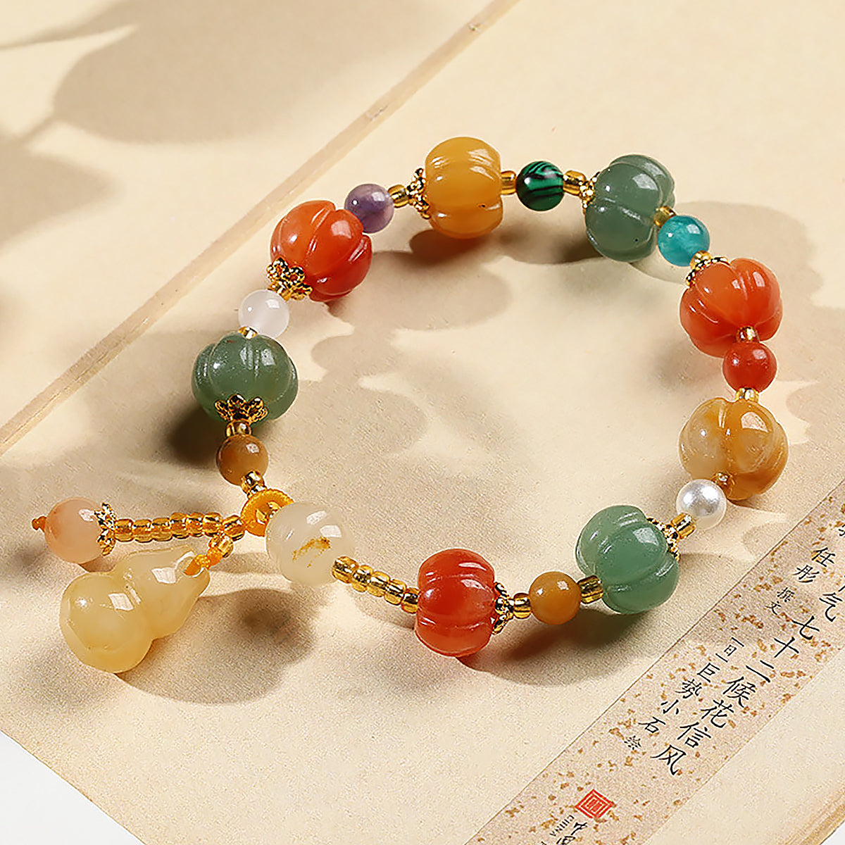 Natural Gold Filigree Jade Pumpkin Bracelet for Luck and Style-2