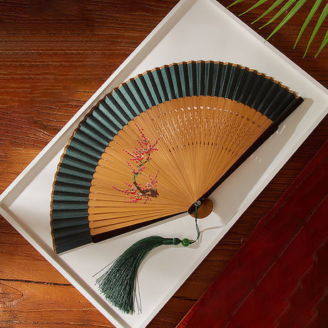 Ancient Style Dark Green Cherry Blossom Summer Portable Folding Fan-3