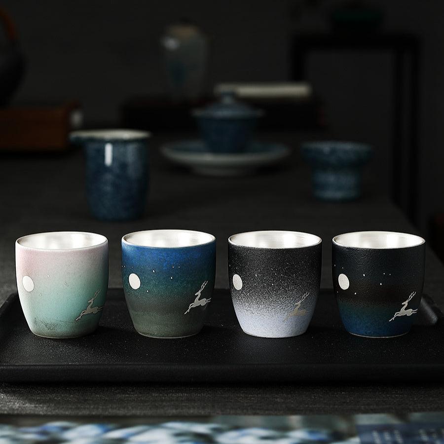 Jingdezhen Ceramic Fairy Deer Colored Painted Sterling Silver Teacups-2