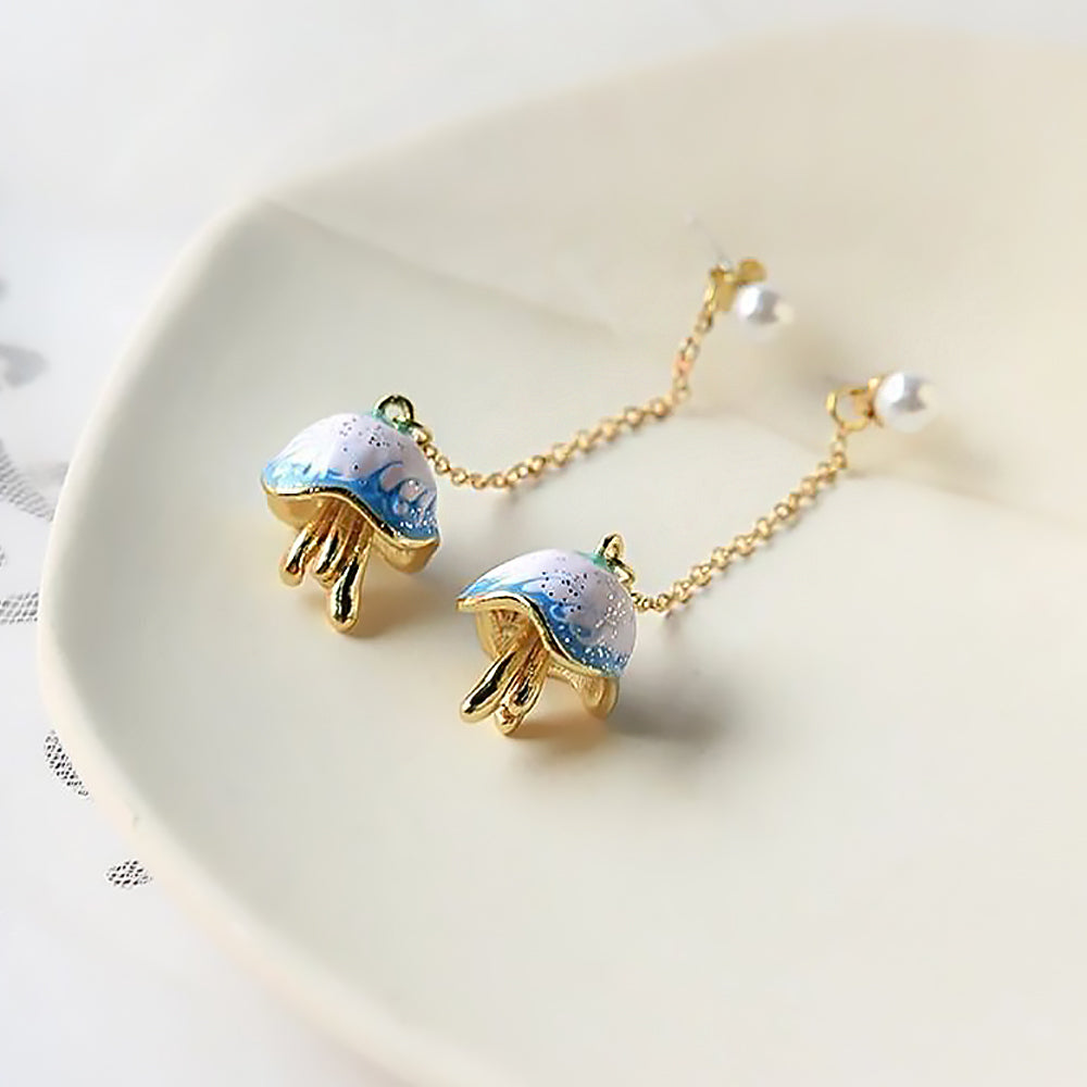 Blue Ceramic Jellyfish Earrings Ocean Style Jewelry Gift for Women-5