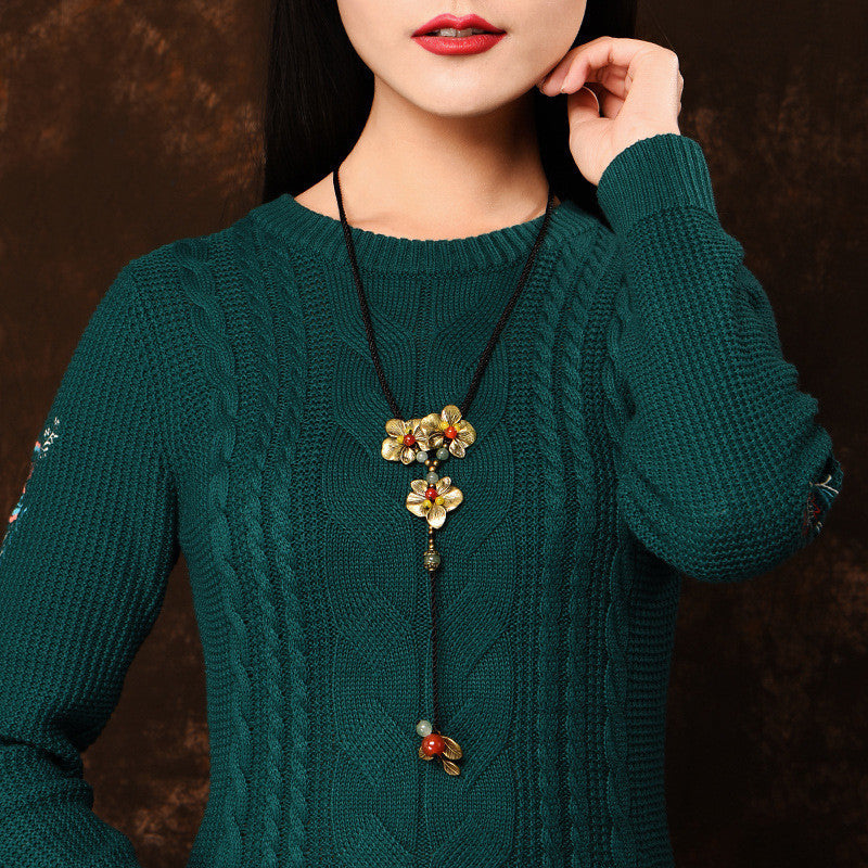 Langes Bronze -Achat -Halskette im ethnischen Stil