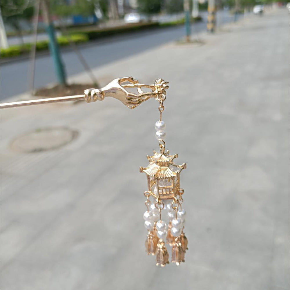 Chinese antique hairpin with tassel and flower detail