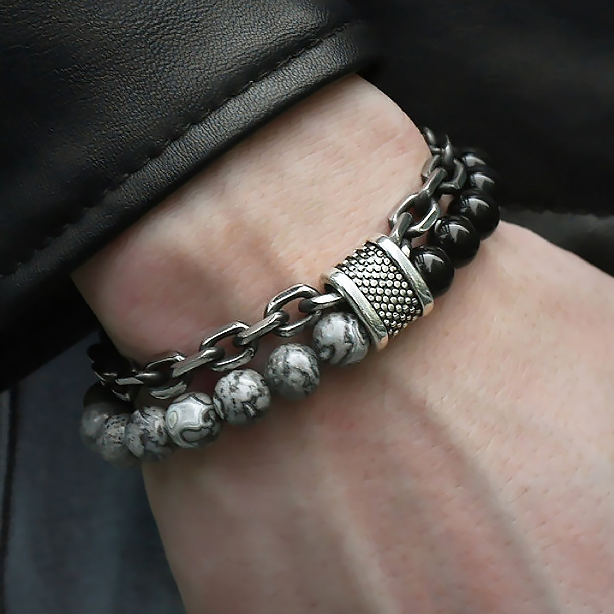 Men’s Titanium Steel Double Bracelet Natural Stone Beaded Chain-4