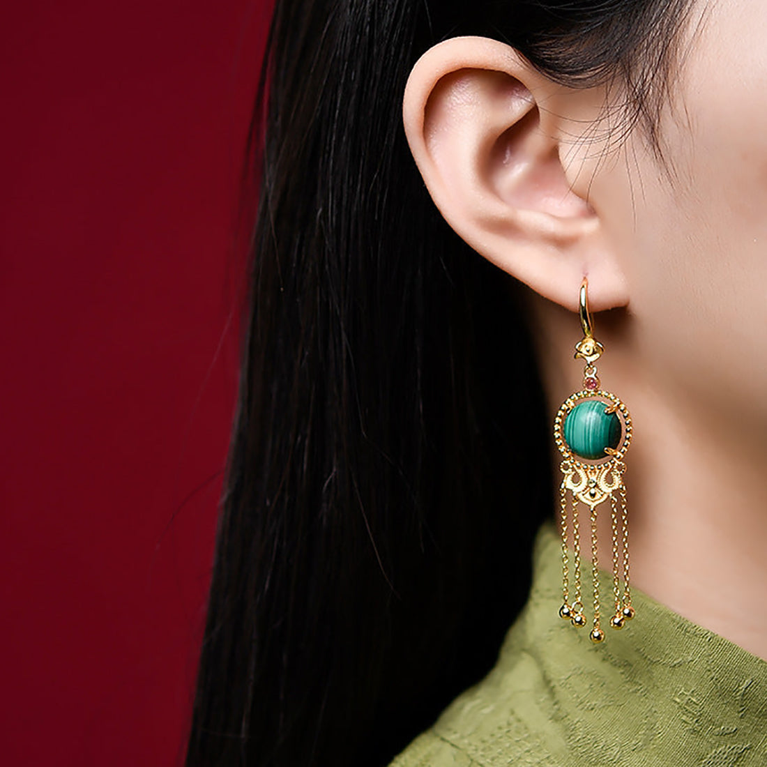 Ancient Style Long Tassel Hetian Jade Malachite Auspicious Cloud Earrings-1