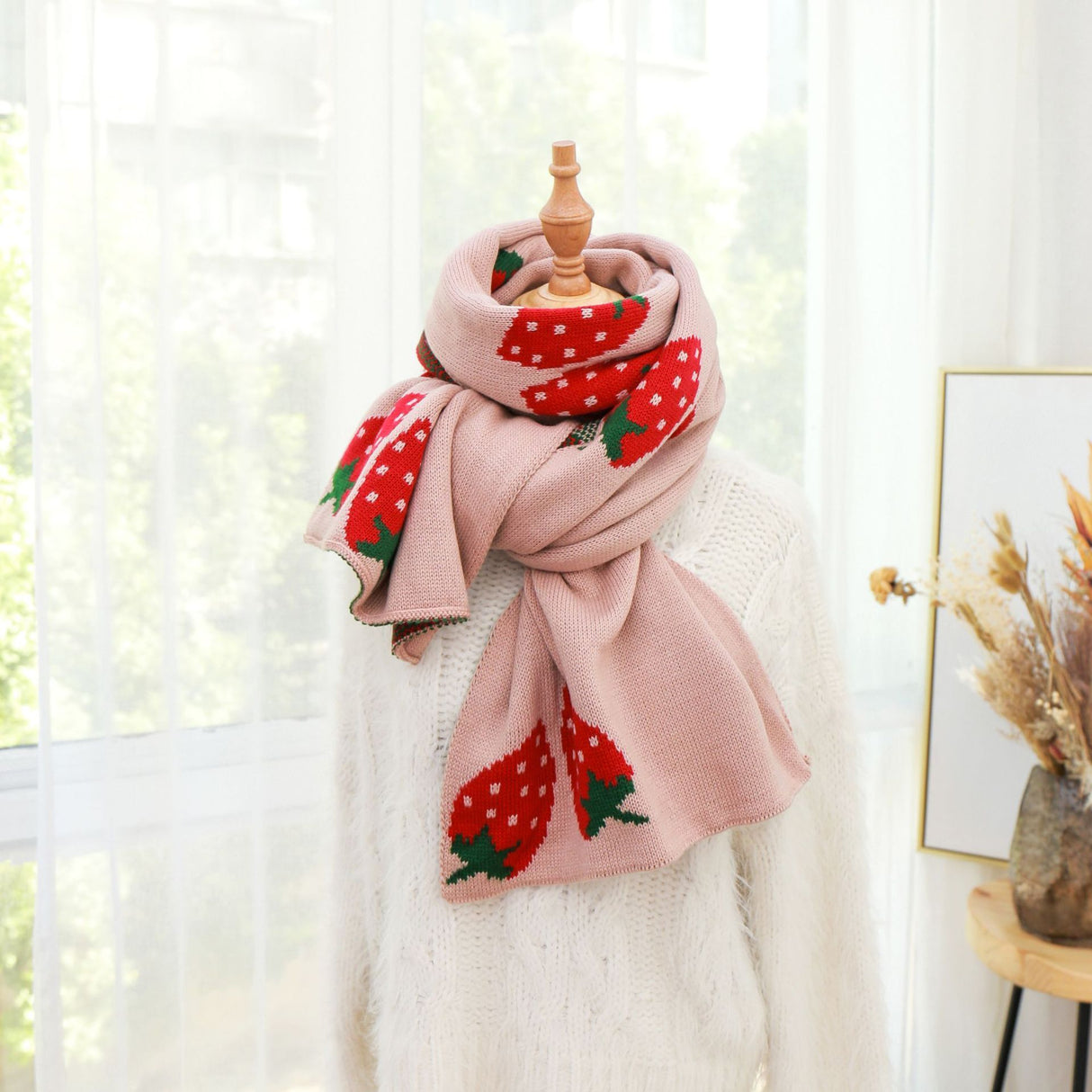 Long Strawberry Knitted Scarf