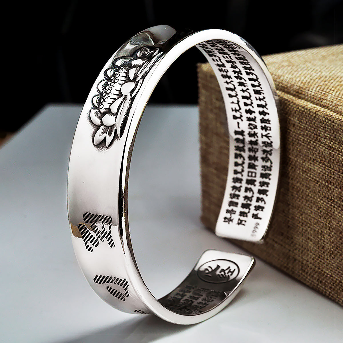 Lotus S999 Silver Bangle Mantra Open Cuff Bracelet-3