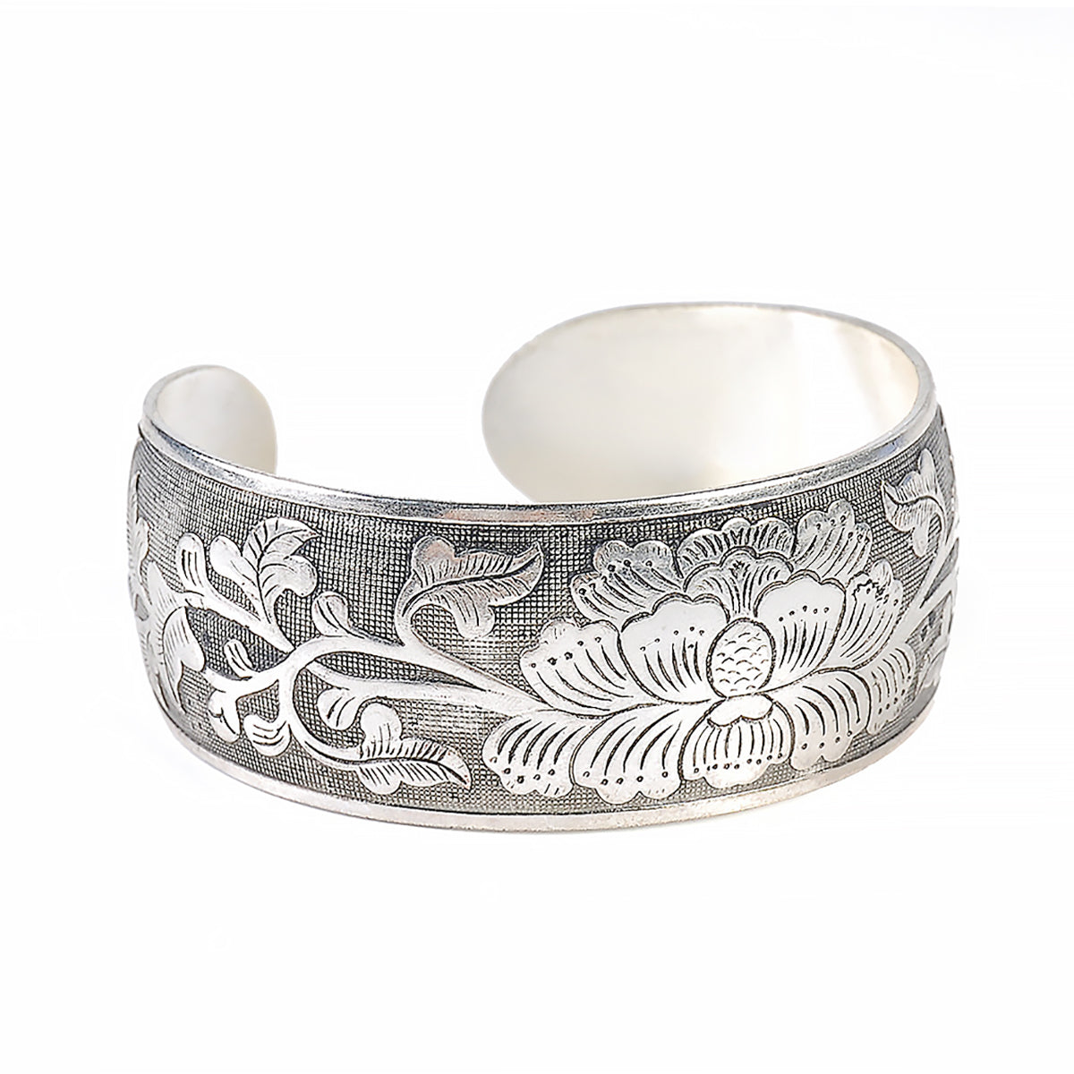 Peony Flower Silver Cuff Bracelet Floral Bracelet for Women Gift-7