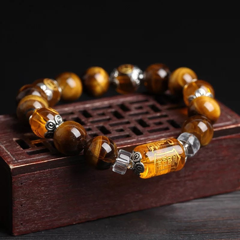 Tiger Eye Stone Three-sided God of Wealth Lucky Bead Bracelet