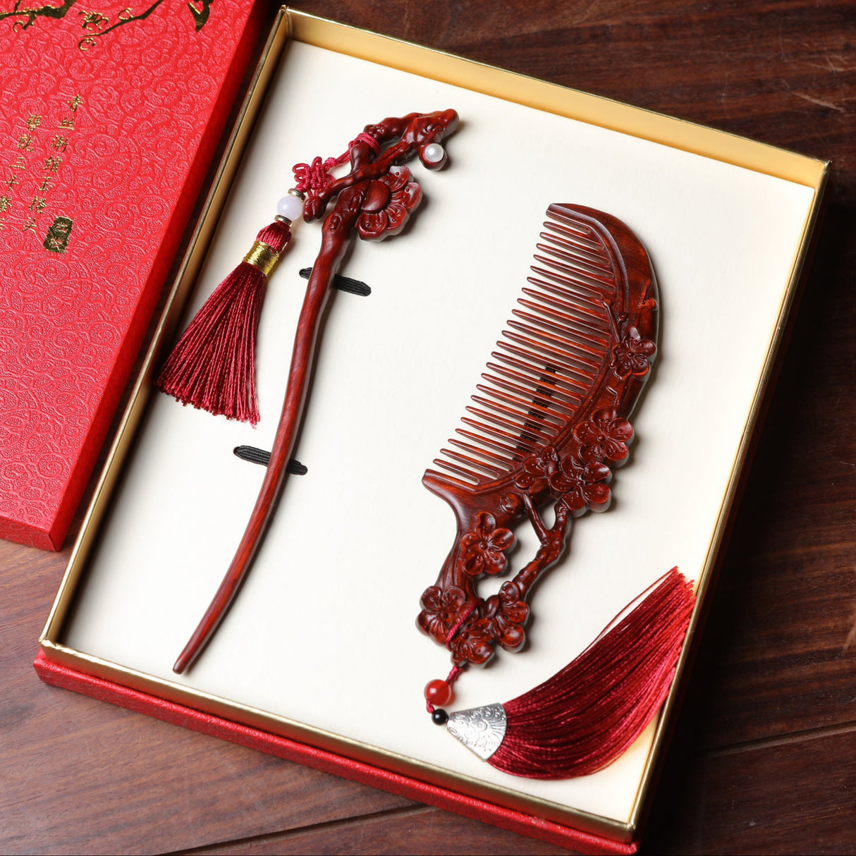 Rosewood Comb & Hairpin Set Peach Blossom Birthday Gift for Her-1