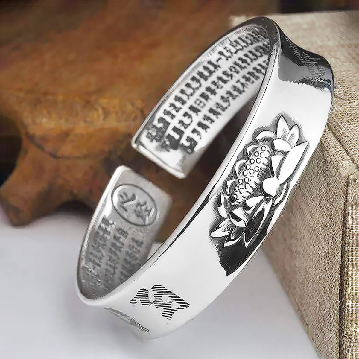 Lotus S999 Silver Bangle Mantra Open Cuff Bracelet-1