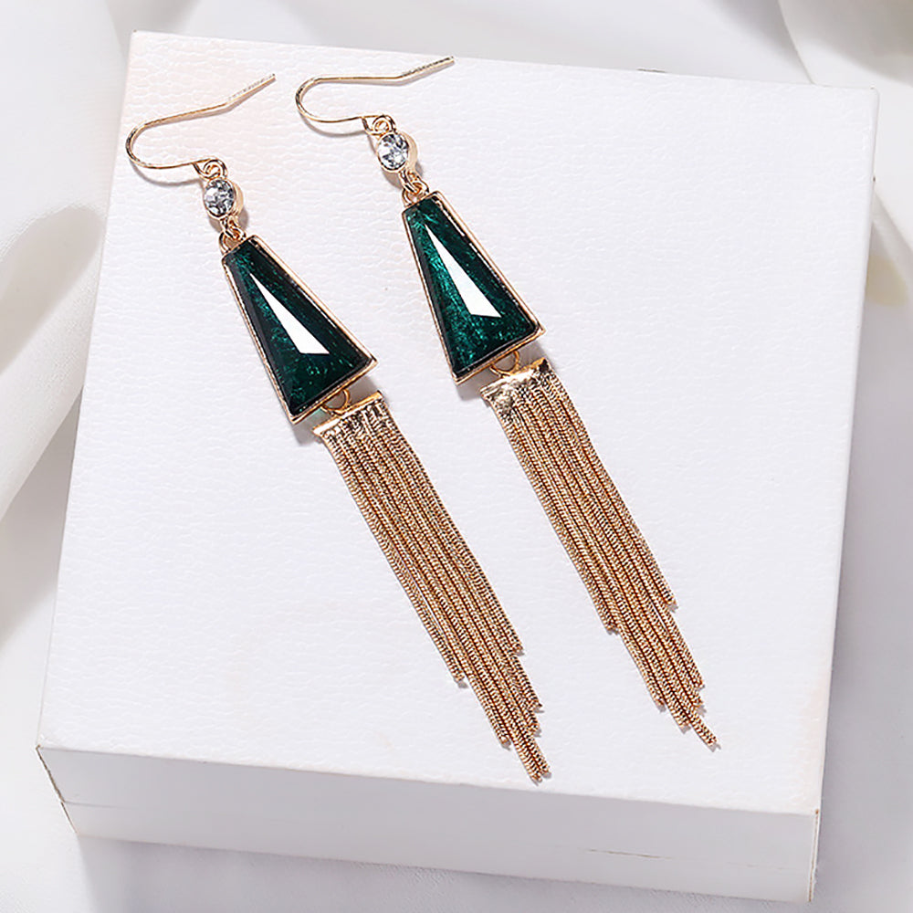 Vintage Geometric Tassel Earrings with Dark Green Gemstones-4