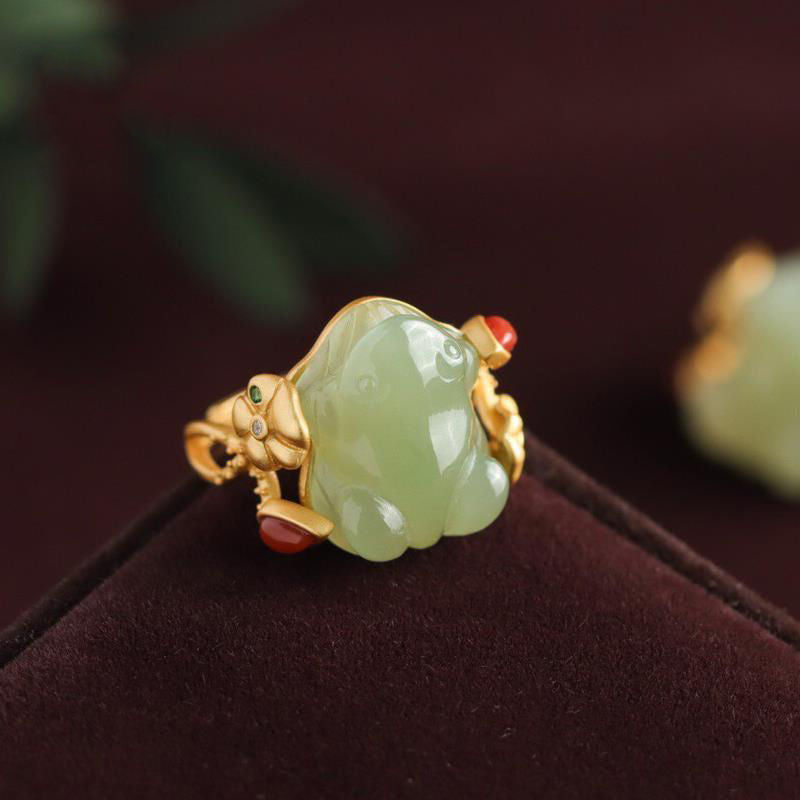 Frosch natürlicher blau und weißer Jade -Frauenring