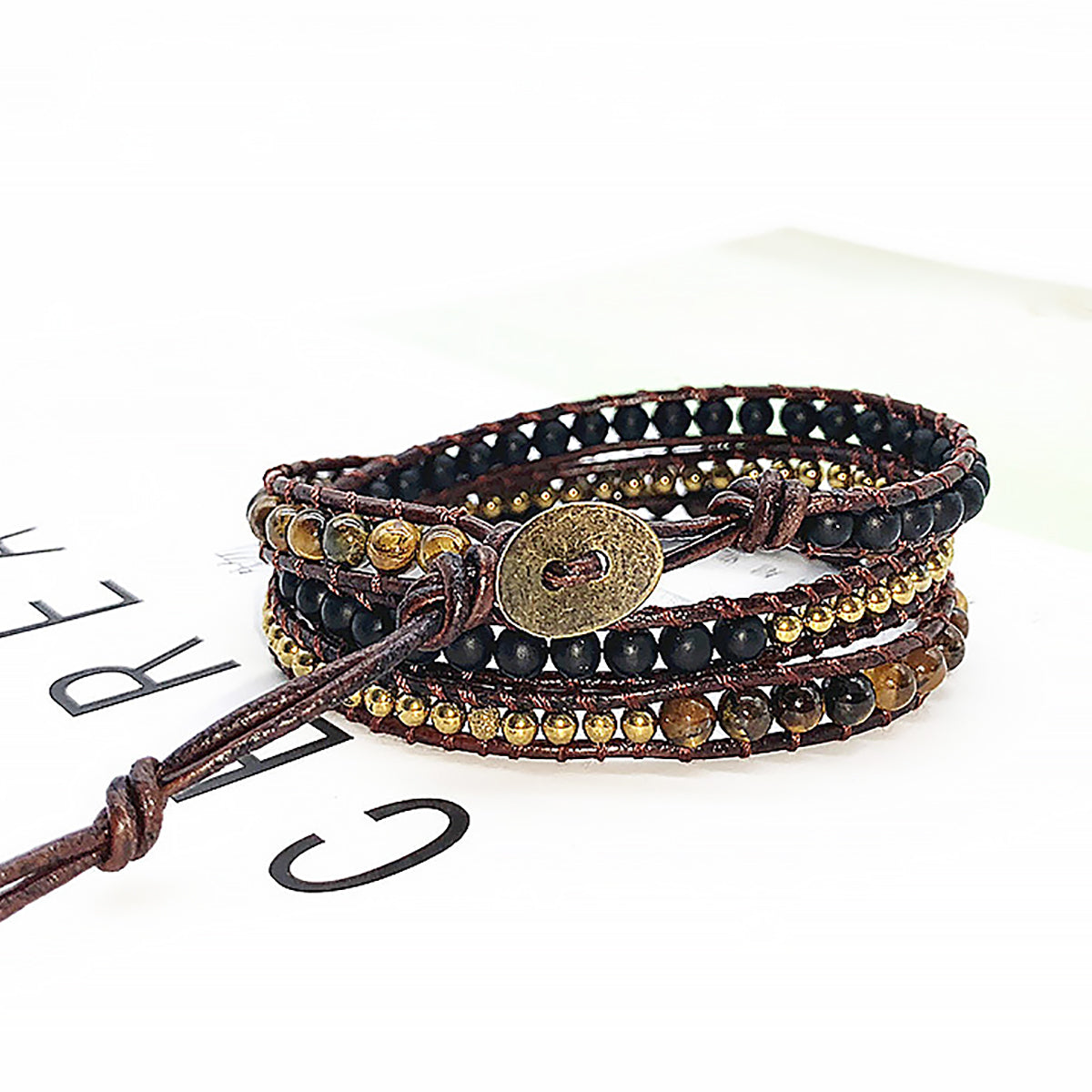 Tiger Eye Wrap Bracelet Triple Layer Boho Natural Stone Bracelet-3