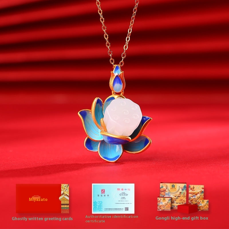 Hotian Jade Anhänger Silberstil für Frauen Emaille Lotus Halskette