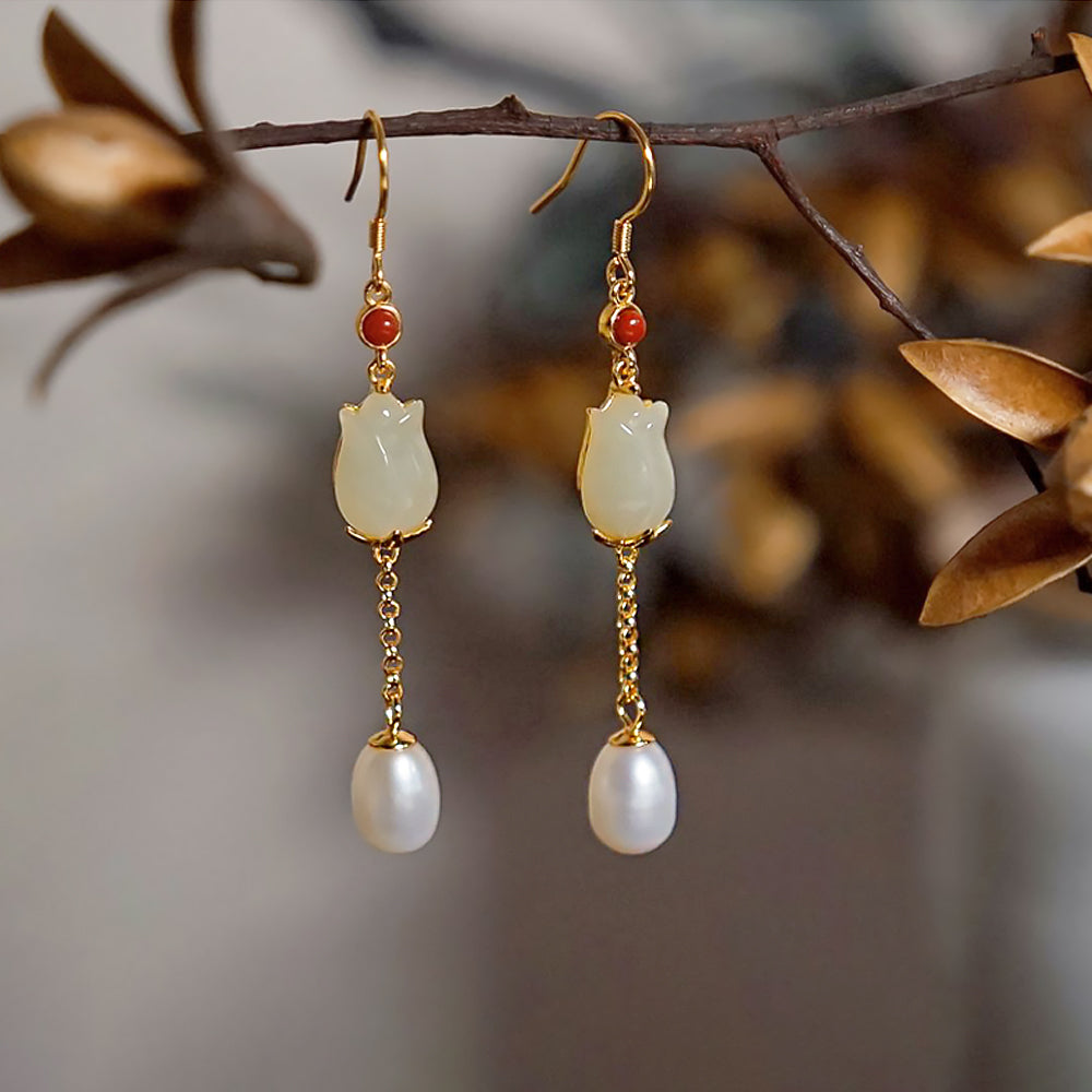 Gold Plated Hetian Jade Long Tassel Earrings Gift for Wife-5