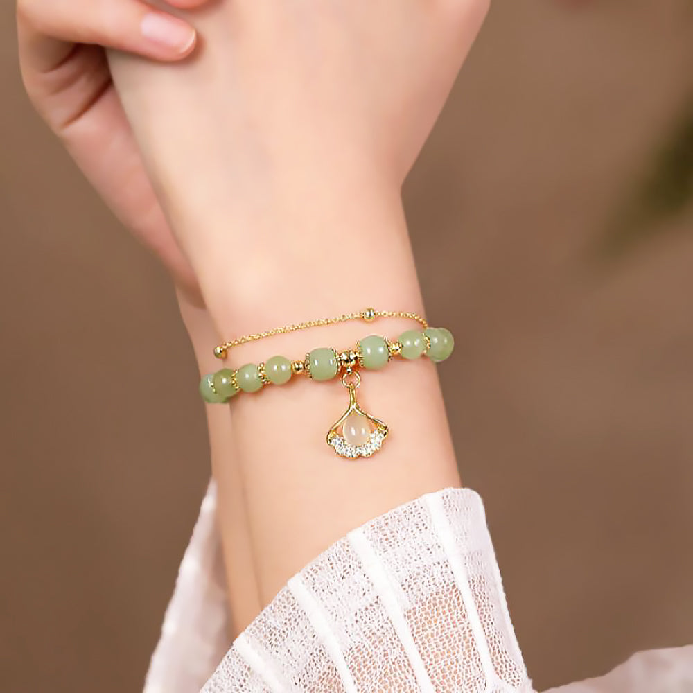 Double Layer Hetian Jade Bracelet with Apricot Leaf Design for Women-3