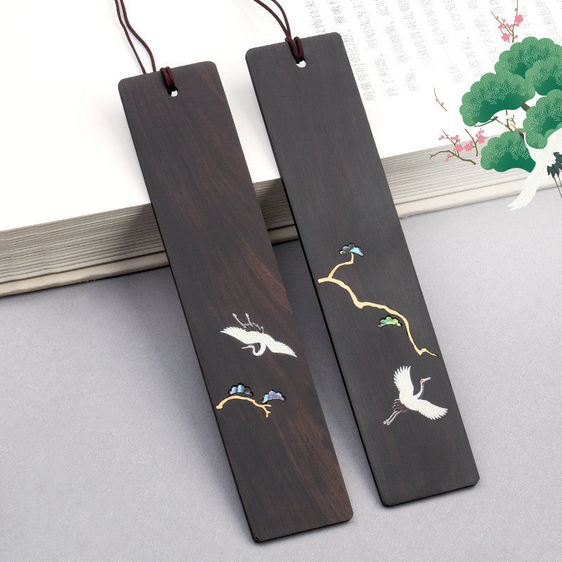 Rosewood Engraved Bookmark Chinese Pine and Crane with Spring Student Gift