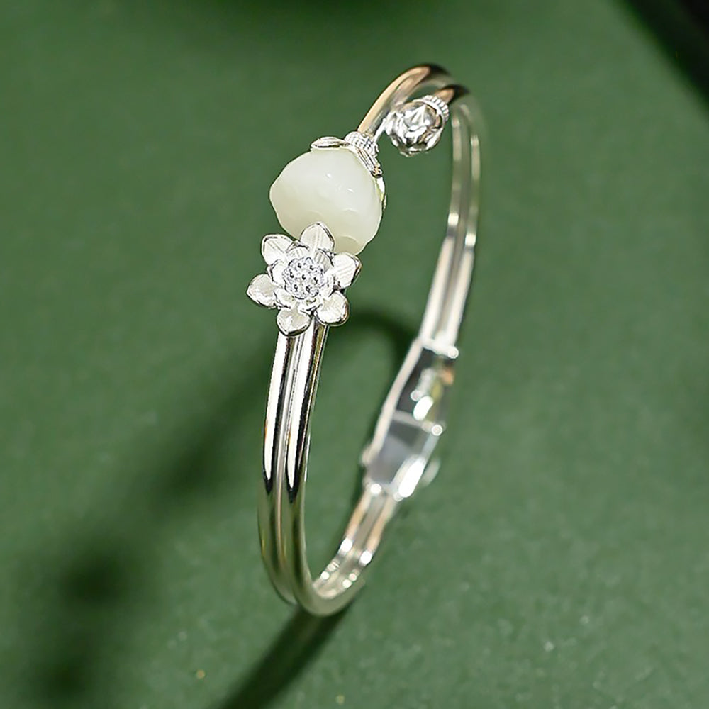 Pure Silver Hetian Jade Lotus Bracelet Adjustable Chinese Jewelry-2