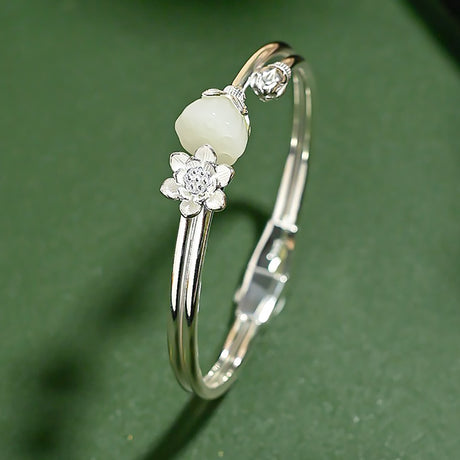 Pure Silver Hetian Jade Lotus Bracelet Adjustable Chinese Jewelry-2