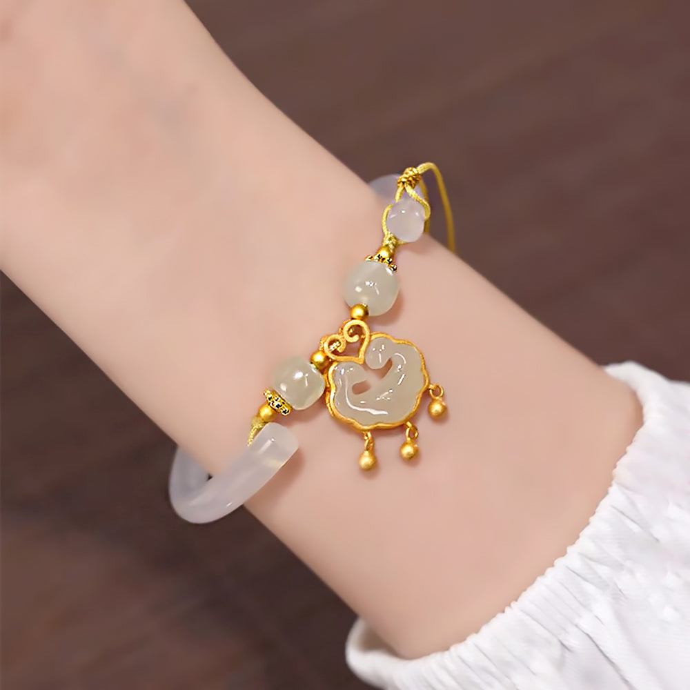 925 Sterling Silver Hetian Jade Longevity Lock Bracelet-1