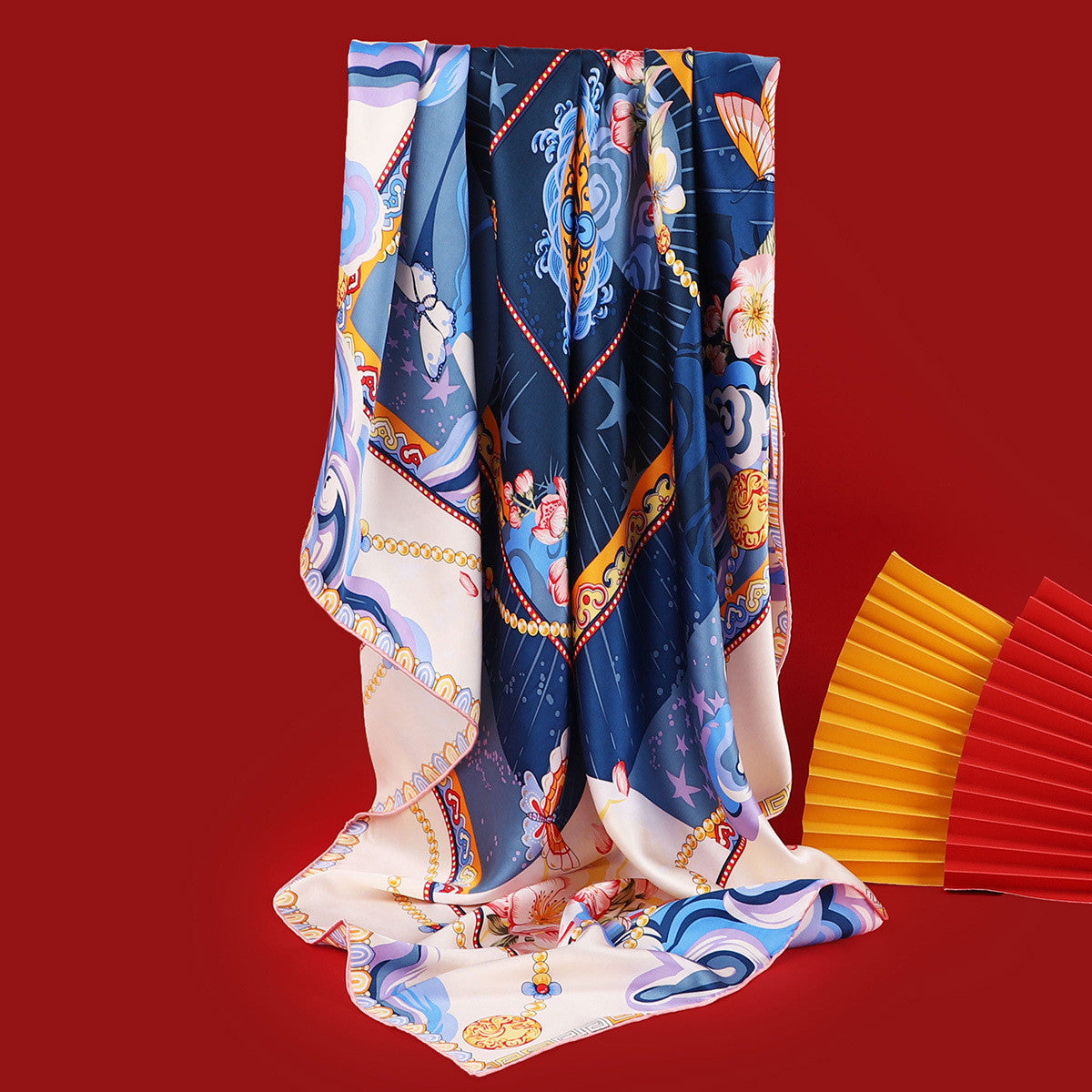 Satin silk square scarf with printed decorative edges