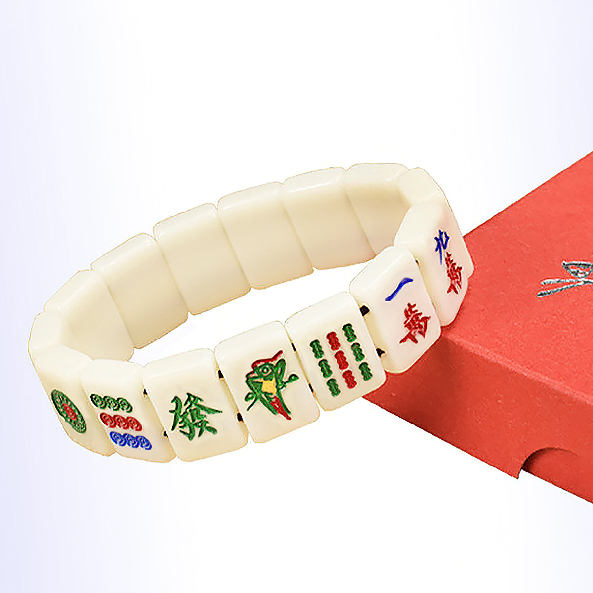 White Acrylic Lucky Mahjong Beads Bracelet for Women & Men-4
