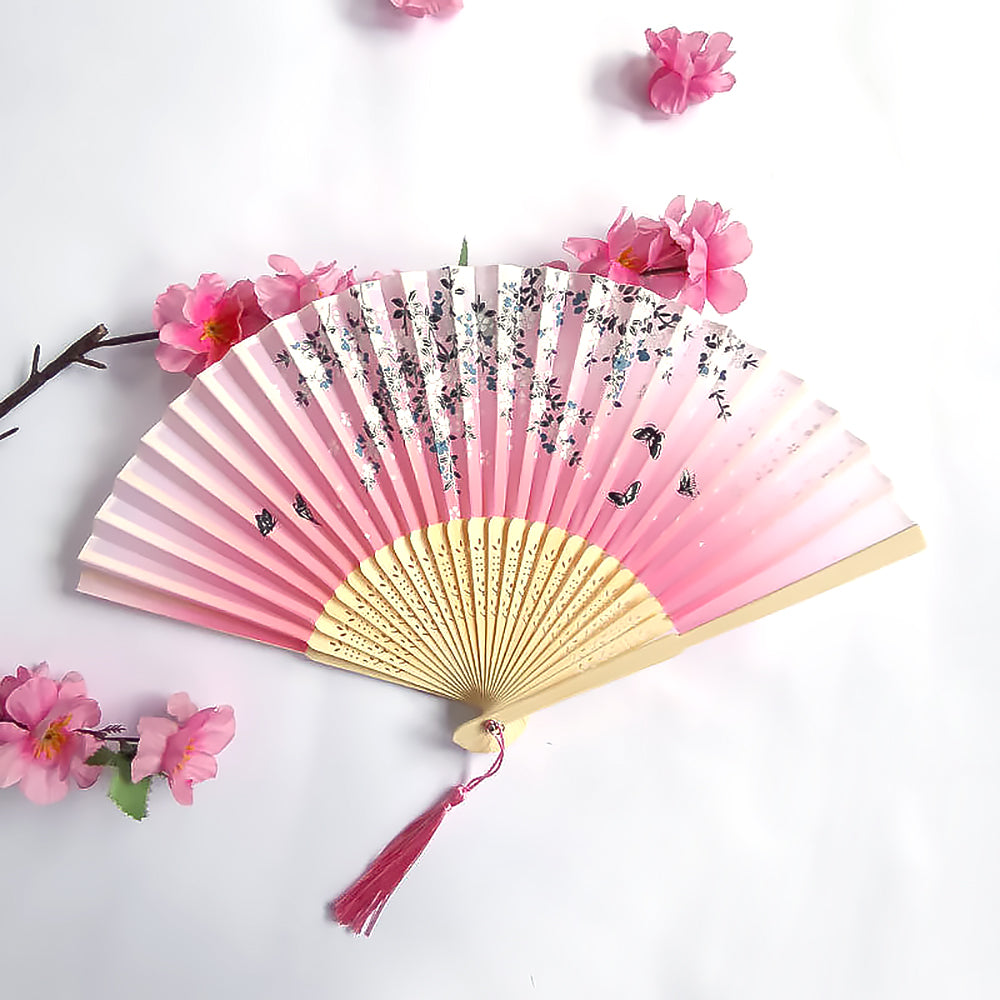 Floral Patterns with Tassel Portable Bamboo Silk Folding Fan-7