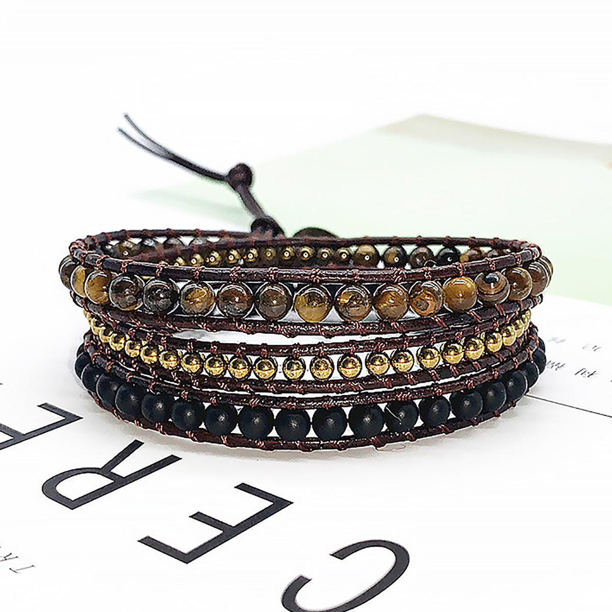 Tiger Eye Wrap Bracelet Triple Layer Boho Natural Stone Bracelet-4