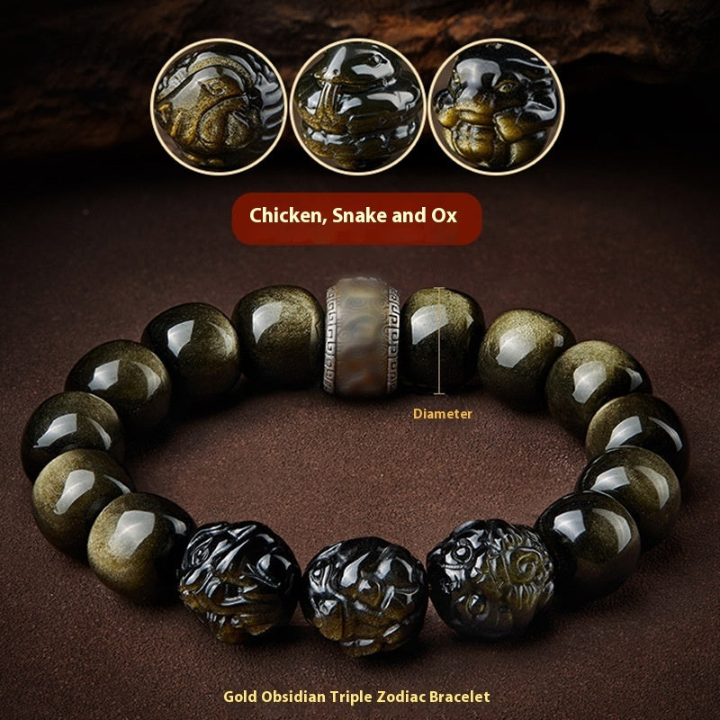 Five Gods of Wealth Lucky Beads Bracelet Zodiac Gold Obsidian Handheld Rosary