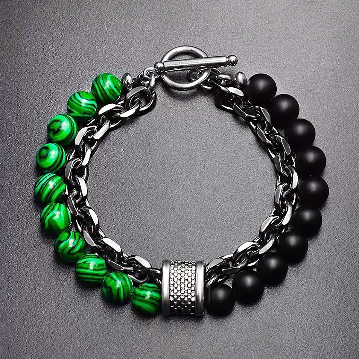 Men’s Titanium Steel Double Bracelet Natural Stone Beaded Chain-7