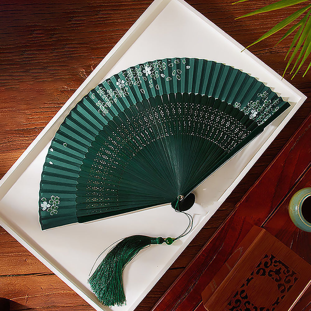 Ancient Style Dark Green Cherry Blossom Summer Portable Folding Fan-1