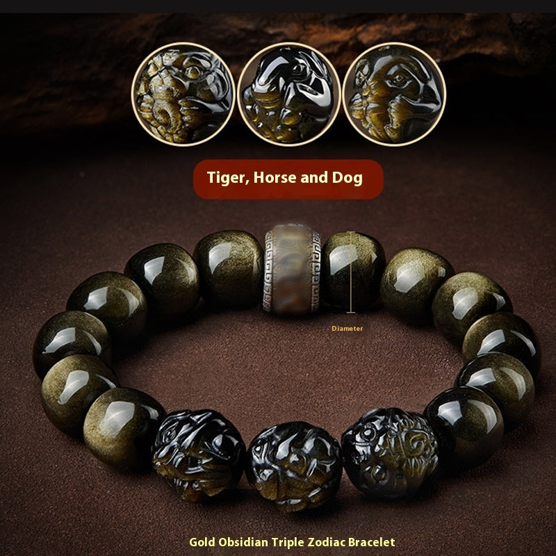 Five Gods of Wealth Lucky Beads Bracelet Zodiac Gold Obsidian Handheld Rosary