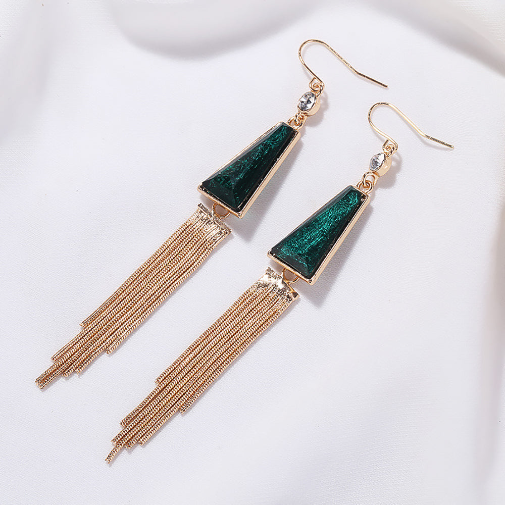 Vintage Geometric Tassel Earrings with Dark Green Gemstones-1