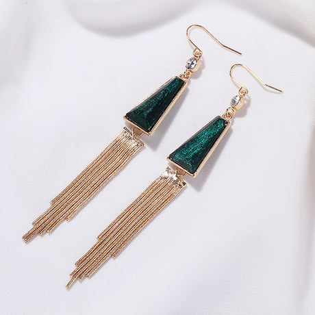 Vintage Geometric Tassel Earrings with Dark Green Gemstones-1